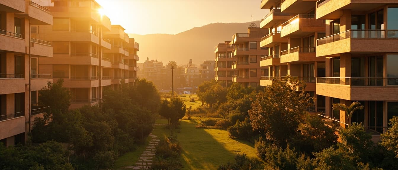 Gün batımında modern konut mimarisi ve peyzaj