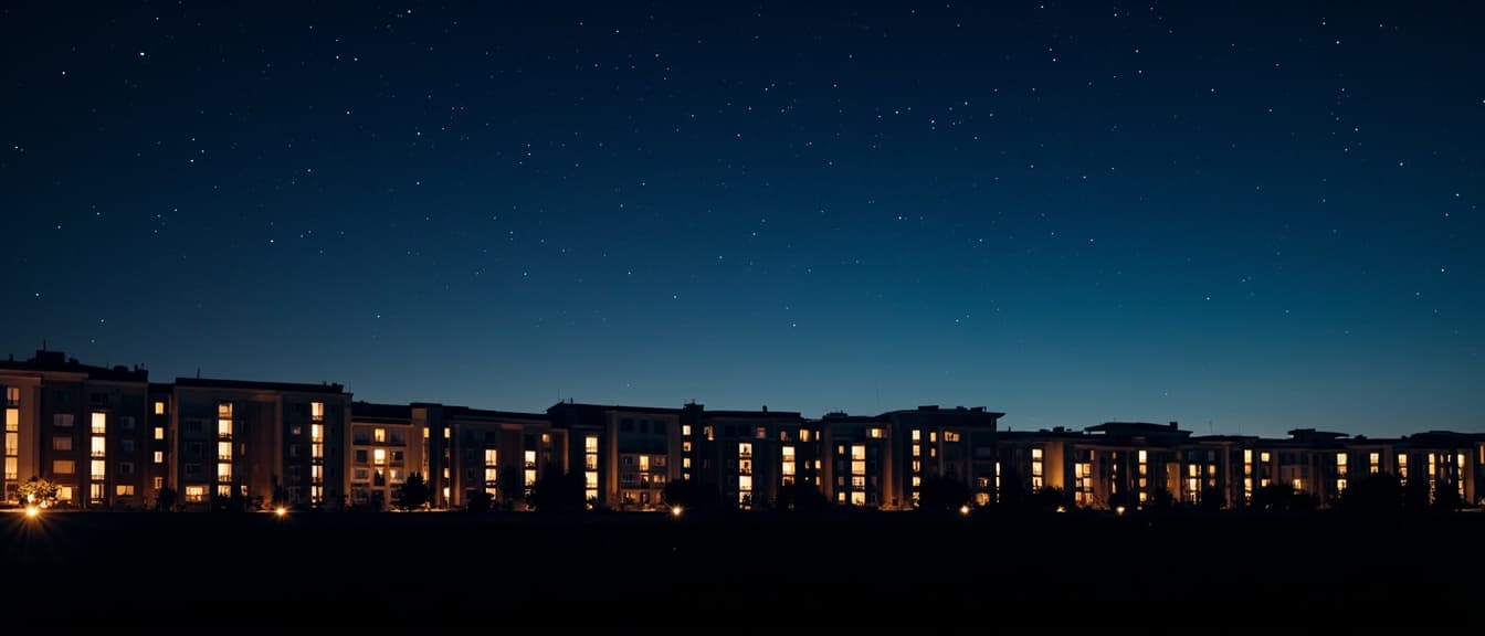 Gece modern konut silüeti, sıcak pencere ışıkları ve yıldızlı gökyüzü