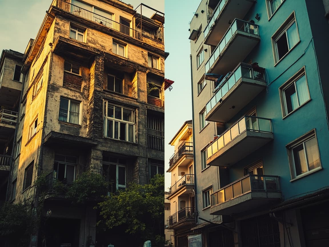 Eski apartman ile yeni modern konut yan yana, kentsel dönüşüm kontrastı