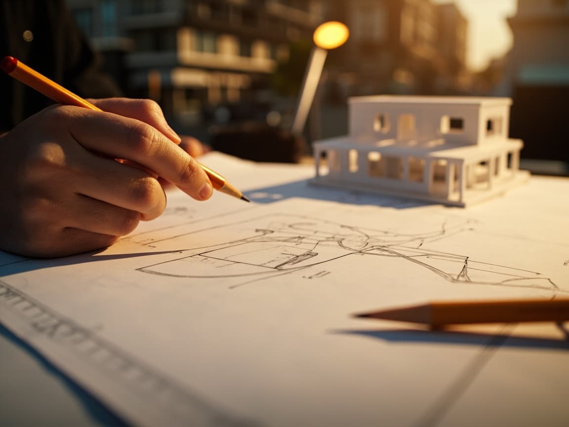 Mimari çizim masası, maket ve blueprint, sıcak masa lambası ışığı