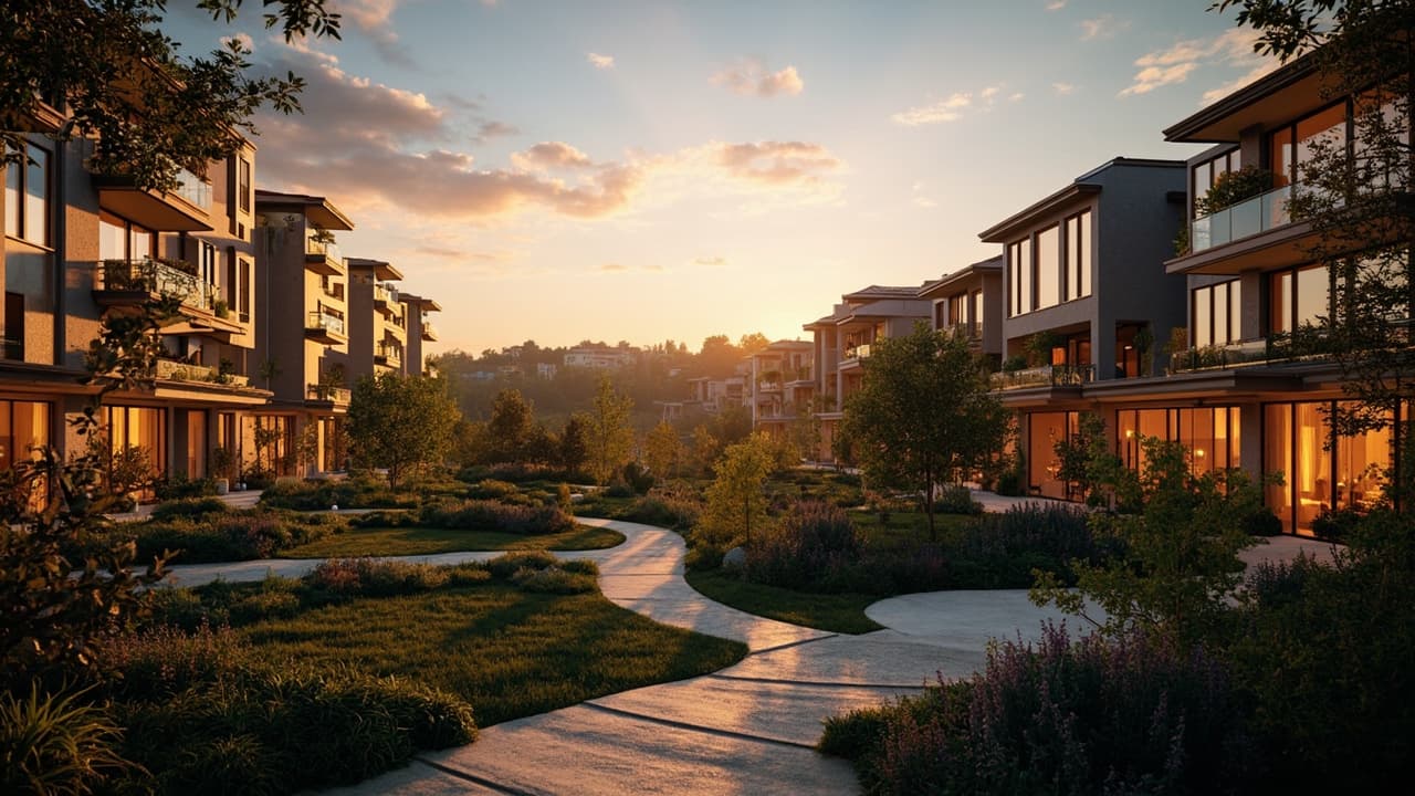 Tamamlanmış modern konut sitesi, peyzaj ve yürüyüş yolları